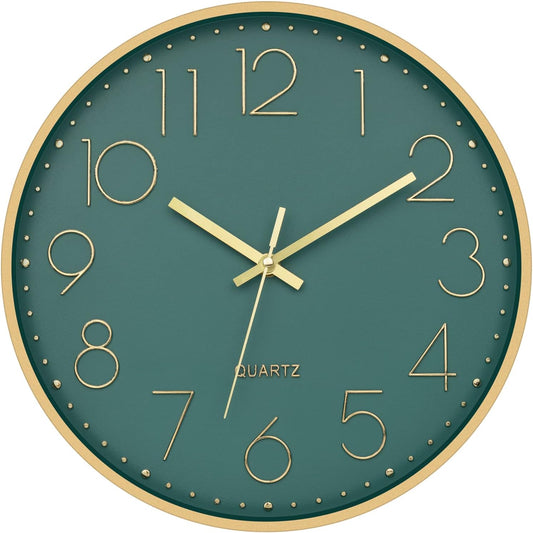 Foxtop 12" Modern Wall Clock Silent Battery Operated Clock, Green Gold