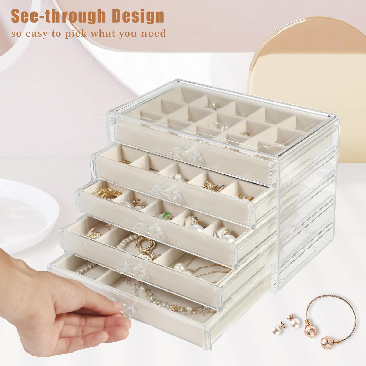 GUOER Earring Organizer 5 Drawers Acrylic Jewelry Box for Women, Warm White