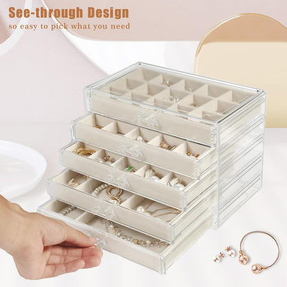 GUOER Earring Organizer 5 Drawers Acrylic Jewelry Box for Women, Warm White