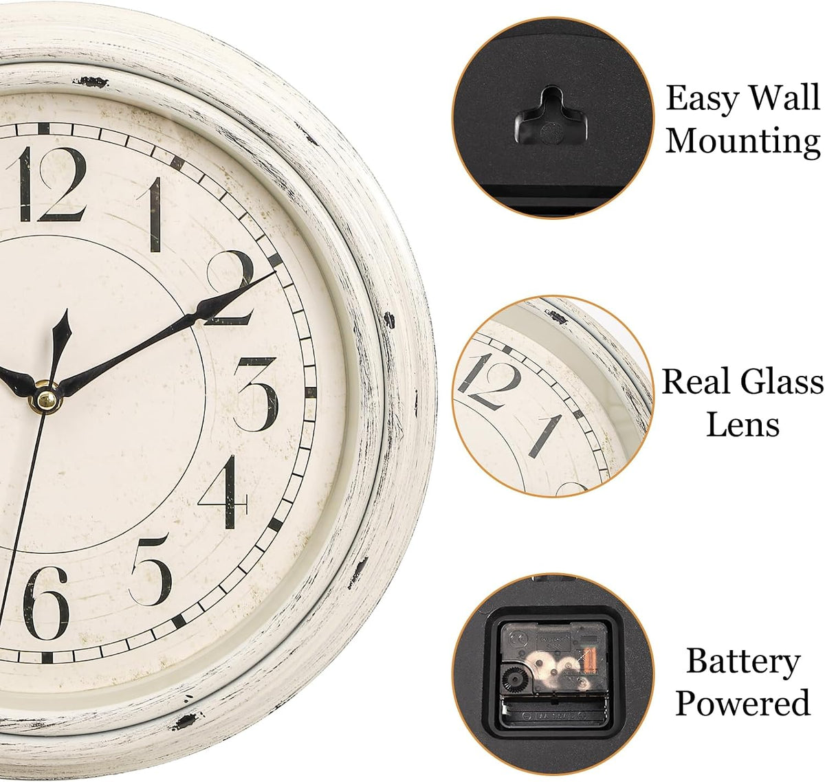 Peohud Silent Wall Clock, 12 Inch Vintage Non Ticking Quartz Battery Operated Round Clock, Rustic Wall Clock for Living Room Kitchen Home Office Classroom School