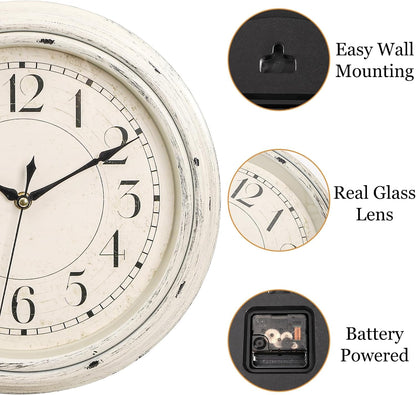 Peohud Silent Wall Clock, 12 Inch Vintage Non Ticking Quartz Battery Operated Round Clock, Rustic Wall Clock for Living Room Kitchen Home Office Classroom School