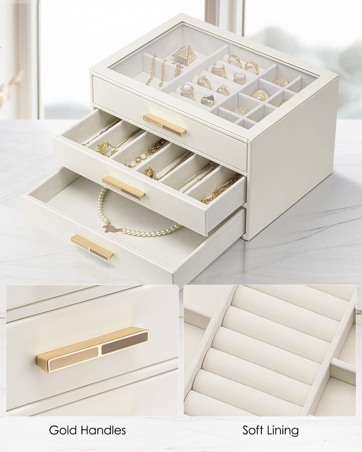 VLANDO Jewelry Box Organizer, 3-Layer Storage Drawers, Glass Window, Modern