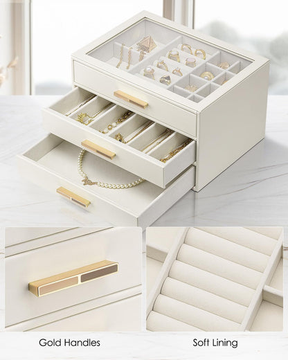 VLANDO Jewelry Box Organizer, 3-Layer Storage Drawers, Glass Window, Modern