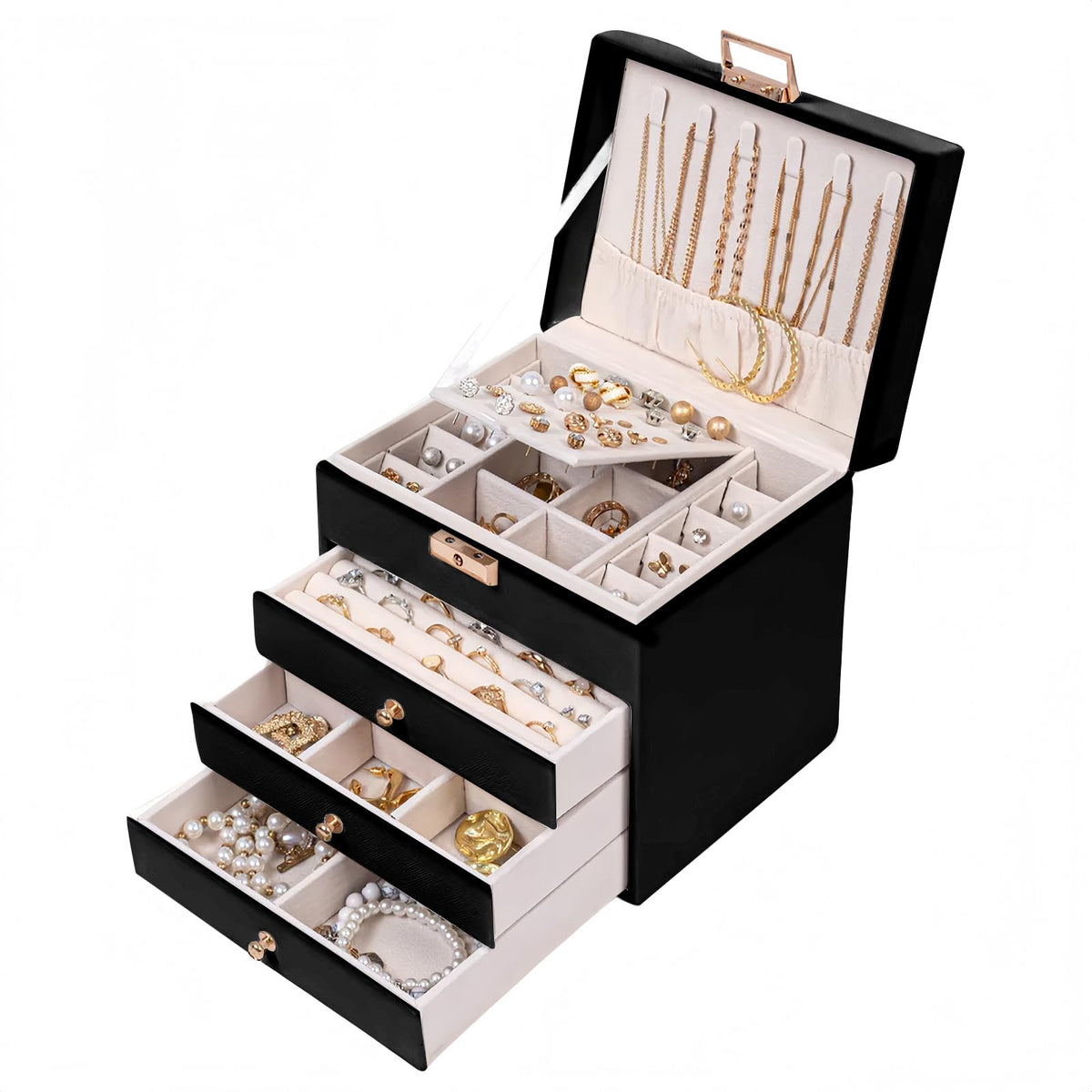 Leather Jewelry Box with Lock for Women, 4-Tier 3-Drawer Jewelry Organizer