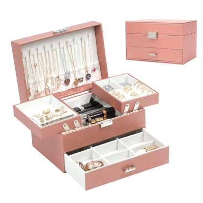 Dajasan Jewelry Organizer Box, Large Jewelry Boxes for Women Girls, Space-Saving 3 Layers Jewelry Storage Case with Drawer, Movable Metal Stand, Modern, Gift Idea (Black)