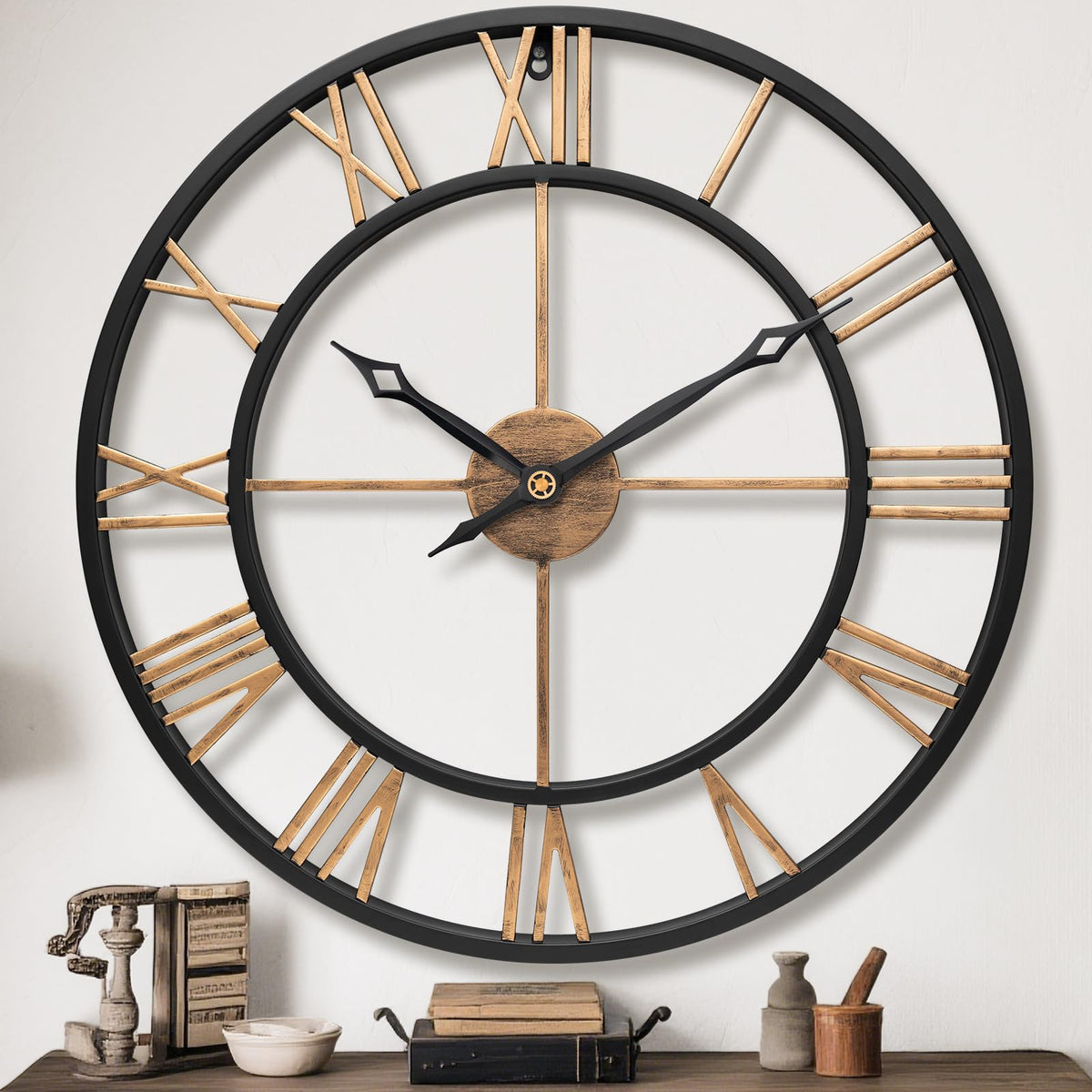 30 Inch Metal Large Wall Clock with Vintage Gold Roman Numerals