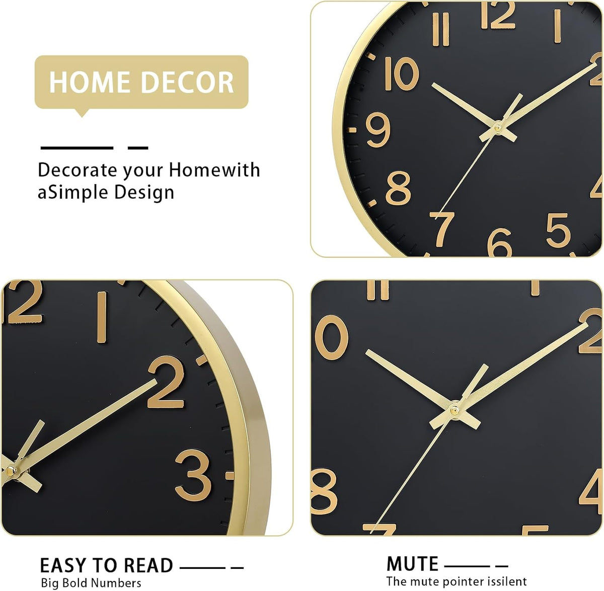 Wall Clocks Battery Operated 8 inch Modern Wall Clock,Silent Non Ticking Wall Clock for Living Room Bedroom Kitchen Office Classroom Decor (Black Gold)
