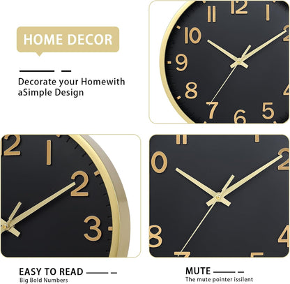 Wall Clocks Battery Operated 8 inch Modern Wall Clock,Silent Non Ticking Wall Clock for Living Room Bedroom Kitchen Office Classroom Decor (Black Gold)