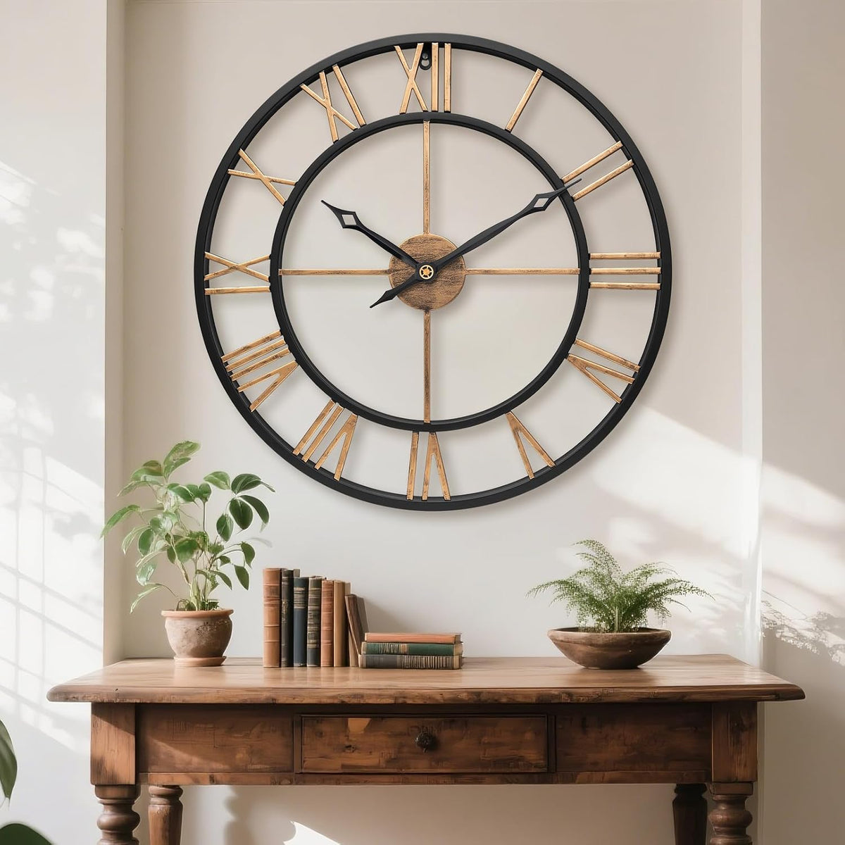 30 Inch Metal Large Wall Clock with Vintage Gold Roman Numerals
