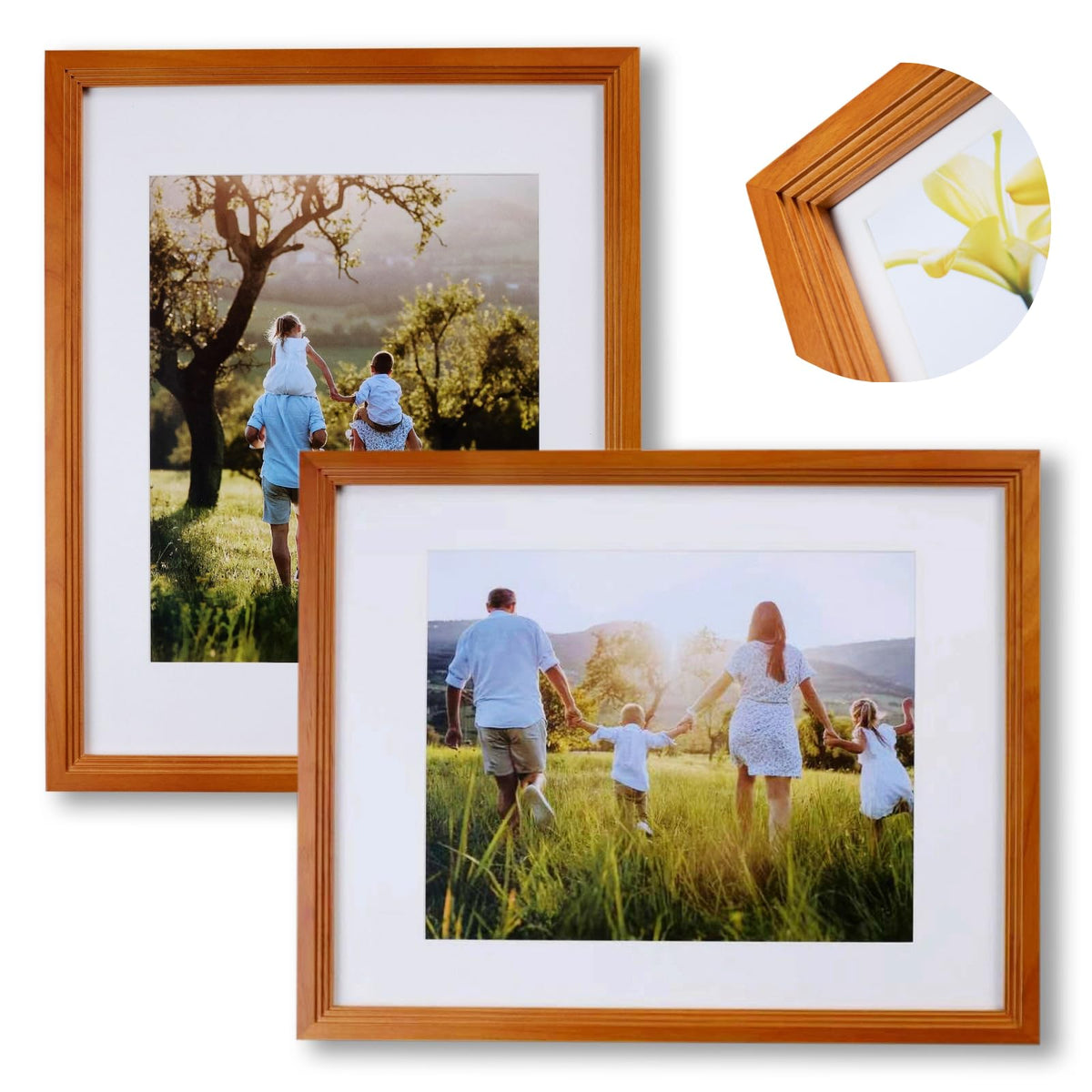 8x10 Wooden Picture Frame, Displays 8x10 Without Mat or 5x7 With Mat, Solid Wood Colorful Photo Frame for Wall Tabletop, Real Glass, Rustic Stepped Edge, 2 Pack, Brown