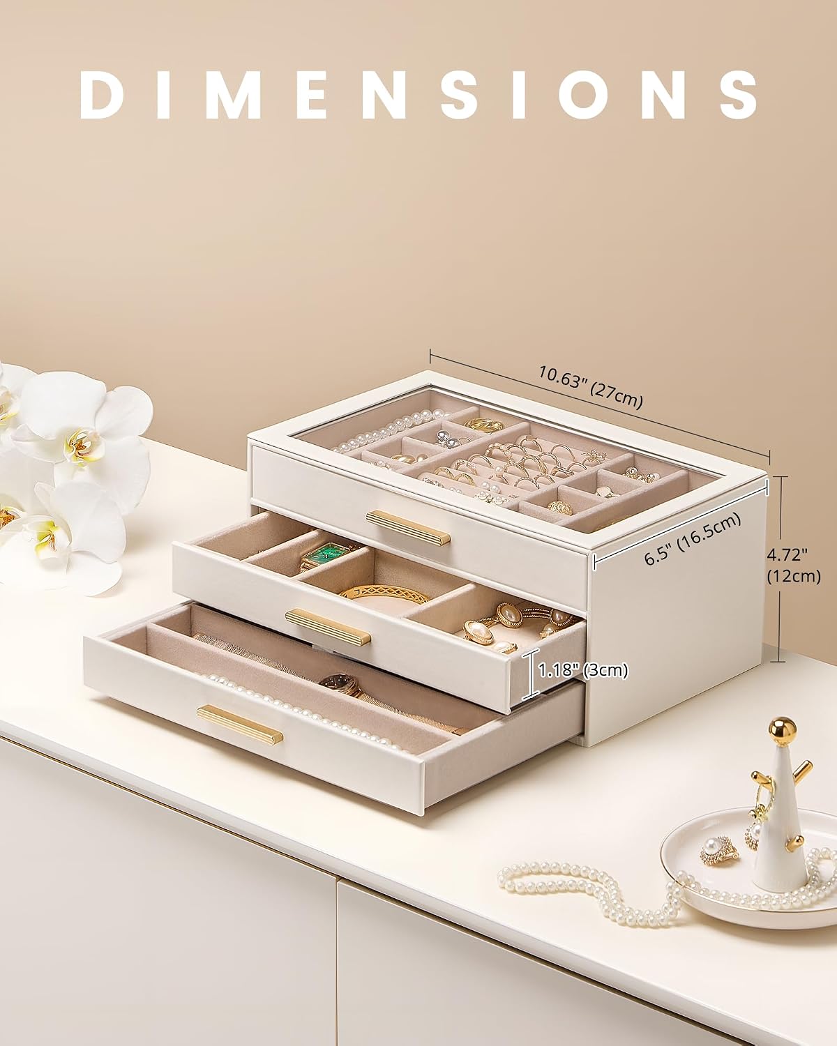 Lolalet Jewelry Box Organizer, 3-Layer Jewelry Storage Case -Beige