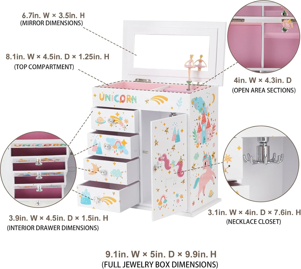 Jewelry Box for Girls 5-Layer with Swing Door Spinning Ballerina Unicorn &Castle Design Unicorn Jewelry Set Included Kids Music Box for Little Girls Birthday Christmas Gift (White)