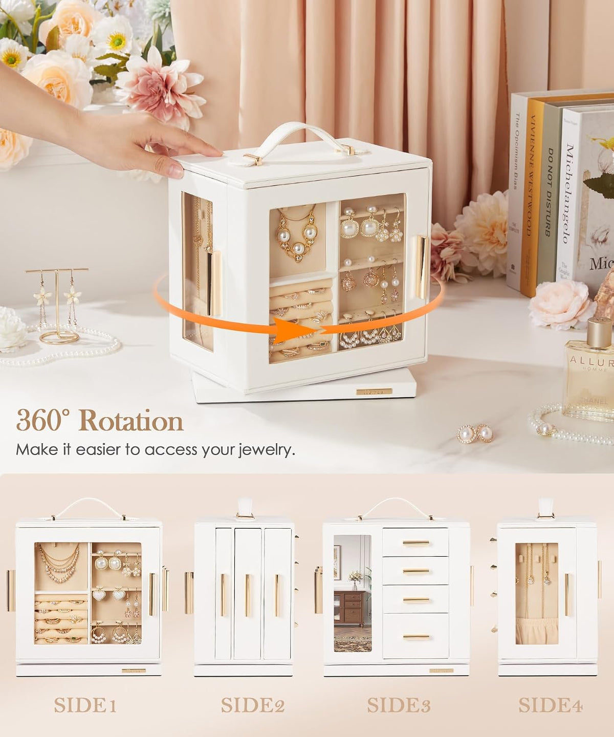 Homde Rotating Jewelry Box for Women: 7-Drawer Organizer with Clear Window