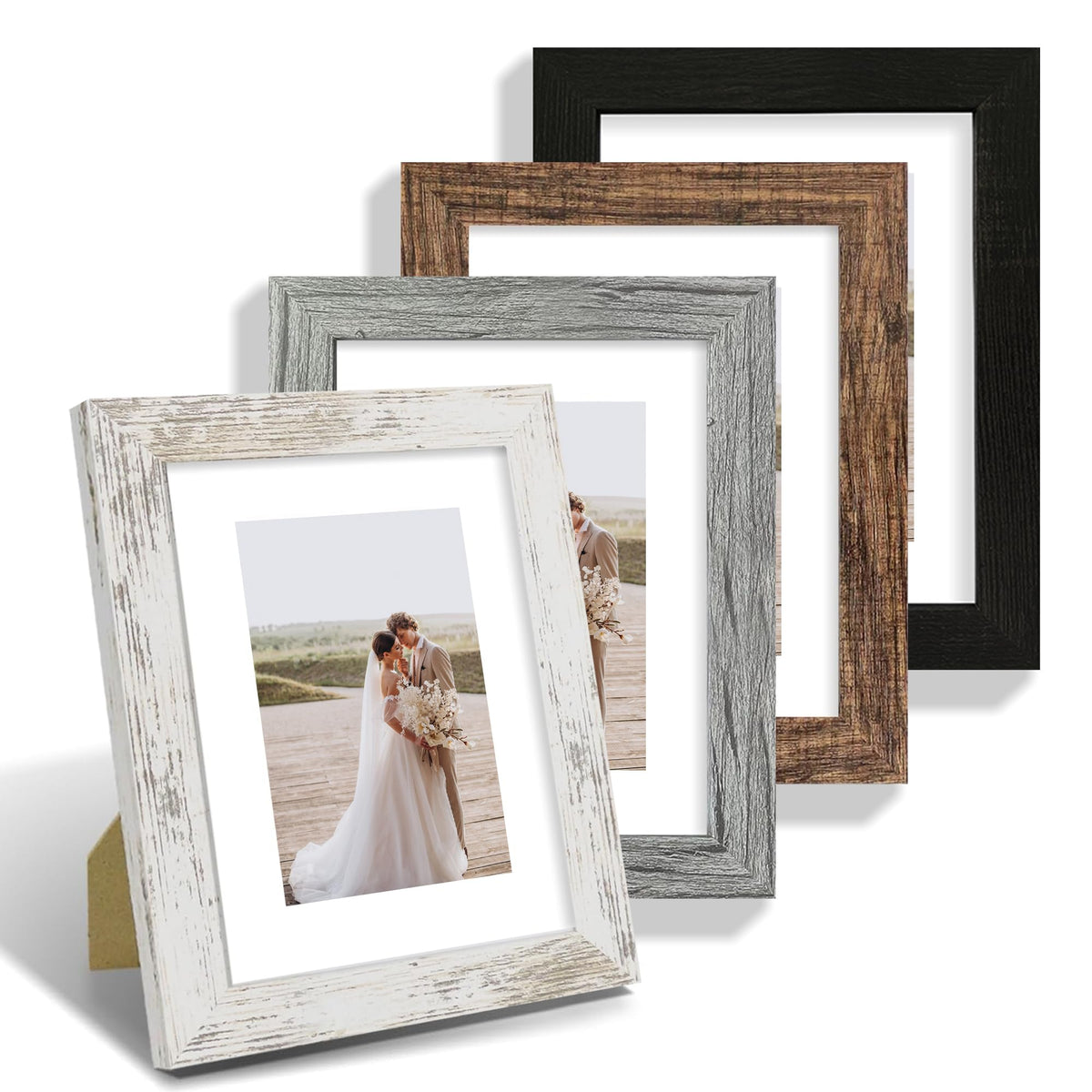 Hongkee 5x7 Picture Frame Set of 4, Real Glass and Wooden Frame, 4x6 Mat