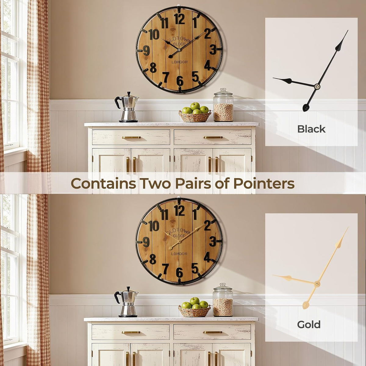 Vantic Farmhouse 30 Inch Wood Arabic Large Wall Clock with Metal Circle