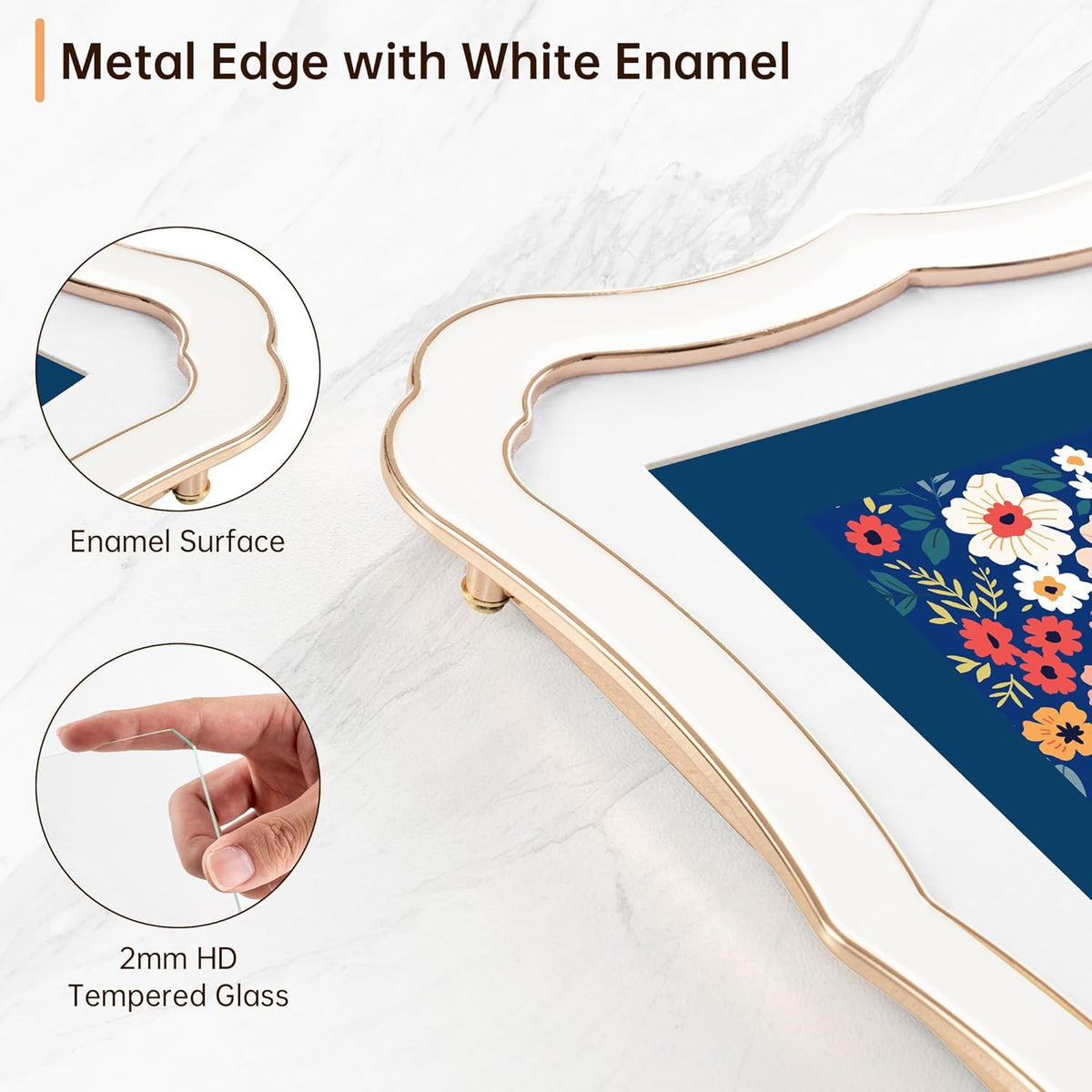 4x6 Enamel Picture Frame with HD-Tempered Glass, Display 3x5 Photo with Mat, Ornate Photo Frame with Gold Metal Edge & Velvet Back for Tabletop & Wall Mount Vertically or Horizontally Display, White