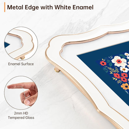 4x6 Enamel Picture Frame with HD-Tempered Glass, Display 3x5 Photo with Mat, Ornate Photo Frame with Gold Metal Edge & Velvet Back for Tabletop & Wall Mount Vertically or Horizontally Display, White