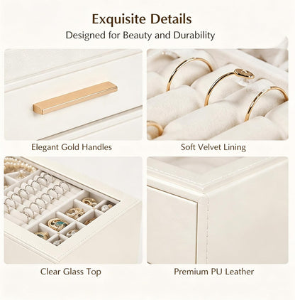 GUOER Jewelry Box for Women, Glass Lid Jewelry Organizer with 3 Drawers PU Jewelry Storage Case for Necklaces Rings Earrings Bracelets, Mother's Day, White
