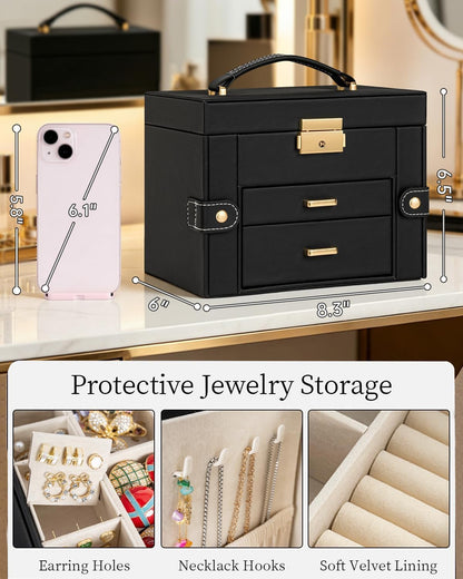 TORIBIO Jewelry Box for Women, Leather Jewelry Organizer with Mirror & Lock, 3-Tier Jewelry Storage Organizer with 2 Drawers for Girls/Women/Mothers, Necklace Earring Bracelets Holder Organizer