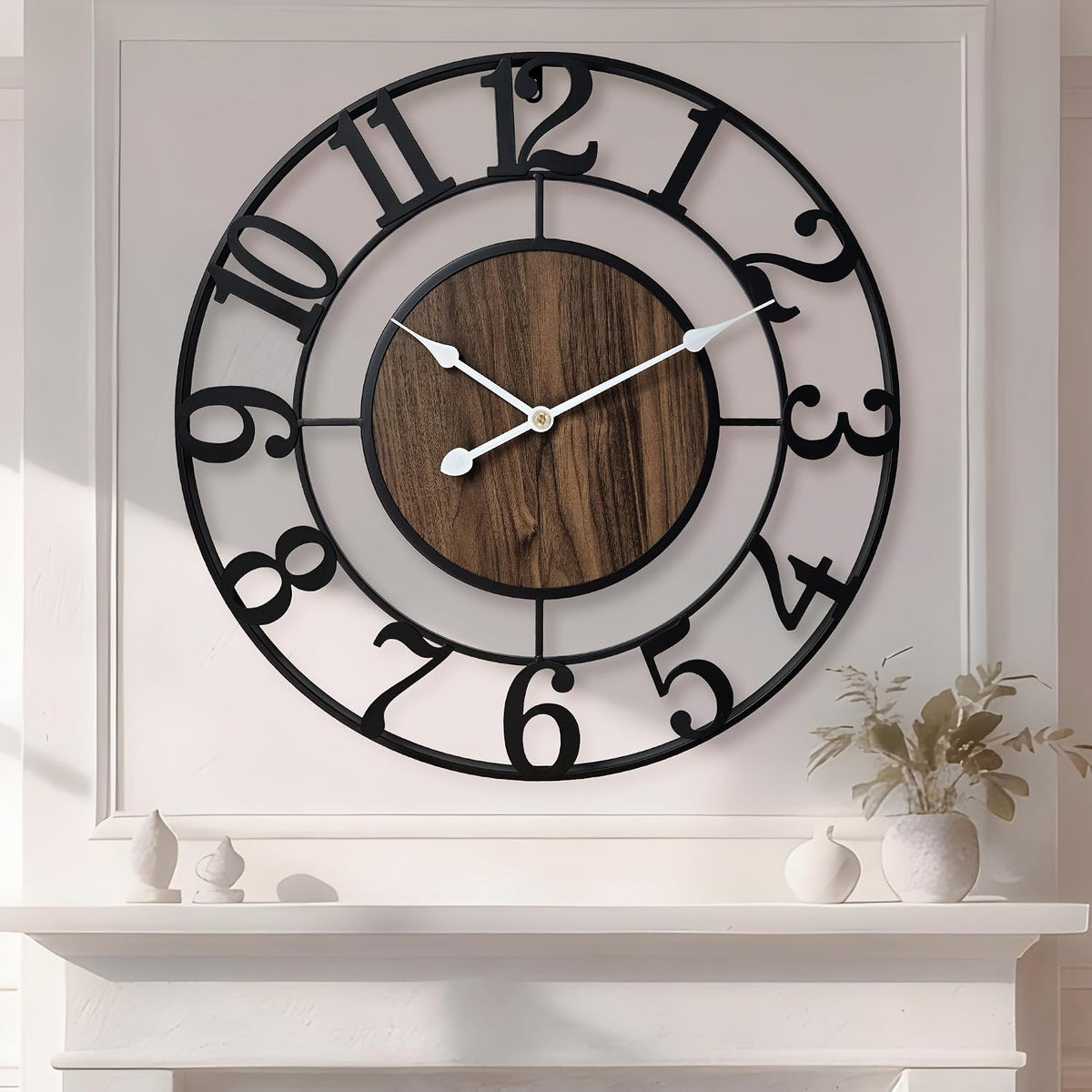 Large Metal Wall Clock, 20 Inch Retro Decorative Silent, Non Ticking, Battery Operated Modern Big Wood Wall Clock for Living Room, Farmhouse, Bedroom, Fireplace, Kitchen, Office, Home Decor
