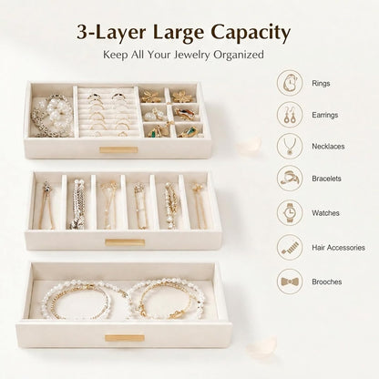 GUOER Jewelry Box for Women, Glass Lid Jewelry Organizer with 3 Drawers PU Jewelry Storage Case for Necklaces Rings Earrings Bracelets, Mother's Day, White