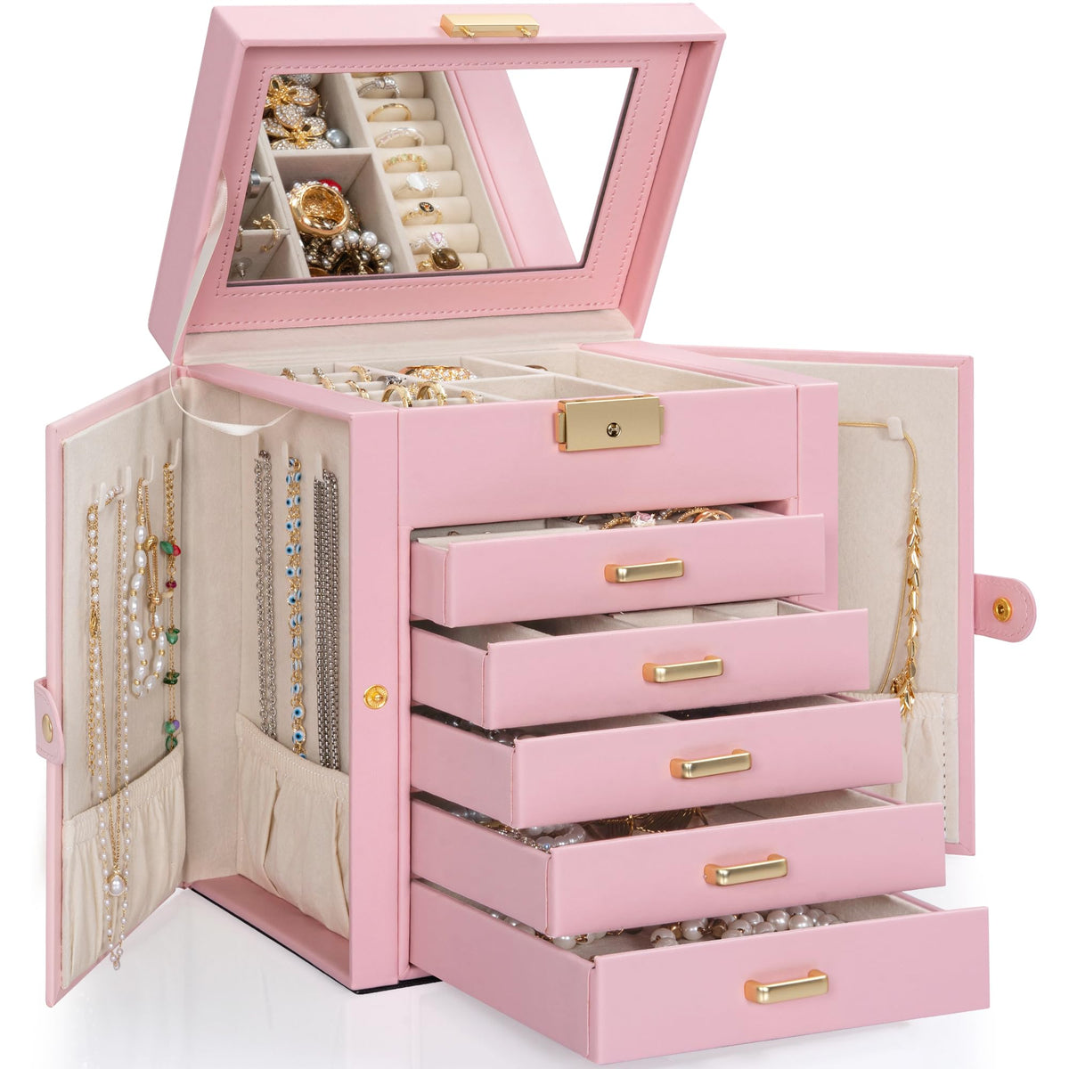 TORIBIO Jewelry Box for Women, Leather Jewelry Organizer with Mirror & Lock, 3-Tier Jewelry Storage Organizer with 2 Drawers for Girls/Women/Mothers, Necklace Earring Bracelets Holder Organizer