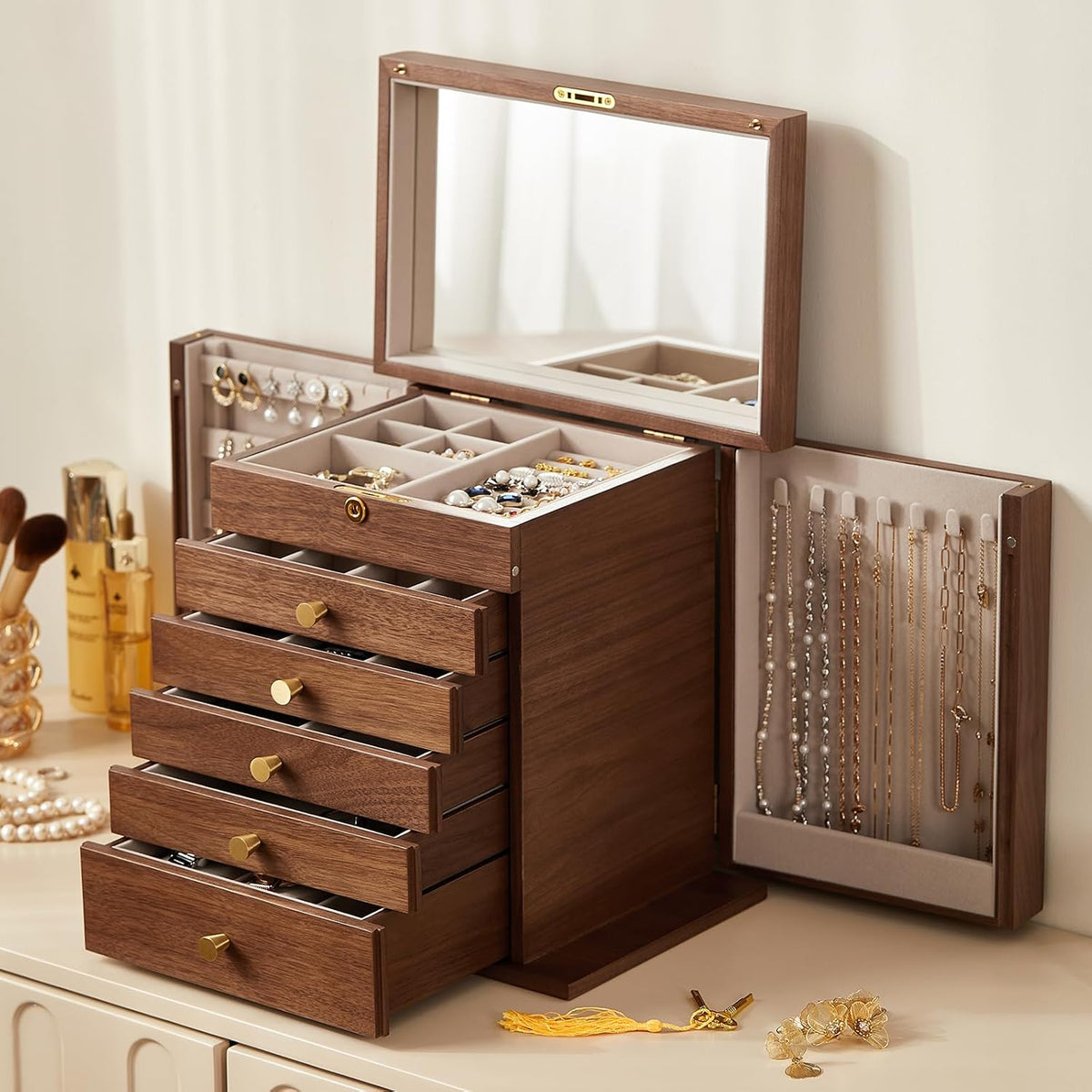 Black Walnut Wooden Jewelry Box for Women, 6 Layer