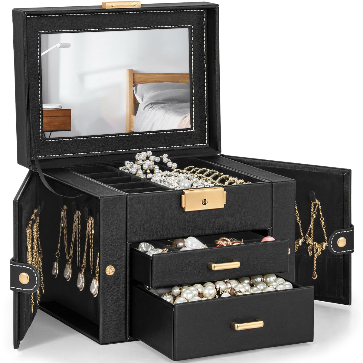 TORIBIO Jewelry Box for Women, Leather Jewelry Organizer with Mirror & Lock, 3-Tier Jewelry Storage Organizer with 2 Drawers for Girls/Women/Mothers, Necklace Earring Bracelets Holder Organizer