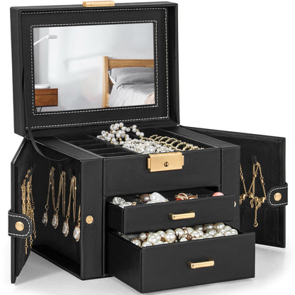 TORIBIO Jewelry Box for Women, Leather Jewelry Organizer with Mirror & Lock, 3-Tier Jewelry Storage Organizer with 2 Drawers for Girls/Women/Mothers, Necklace Earring Bracelets Holder Organizer