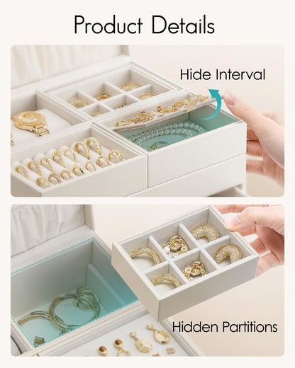 VLANDO Jewelry Box,4-Layer Design with Retractable Tray and 2 Drawers