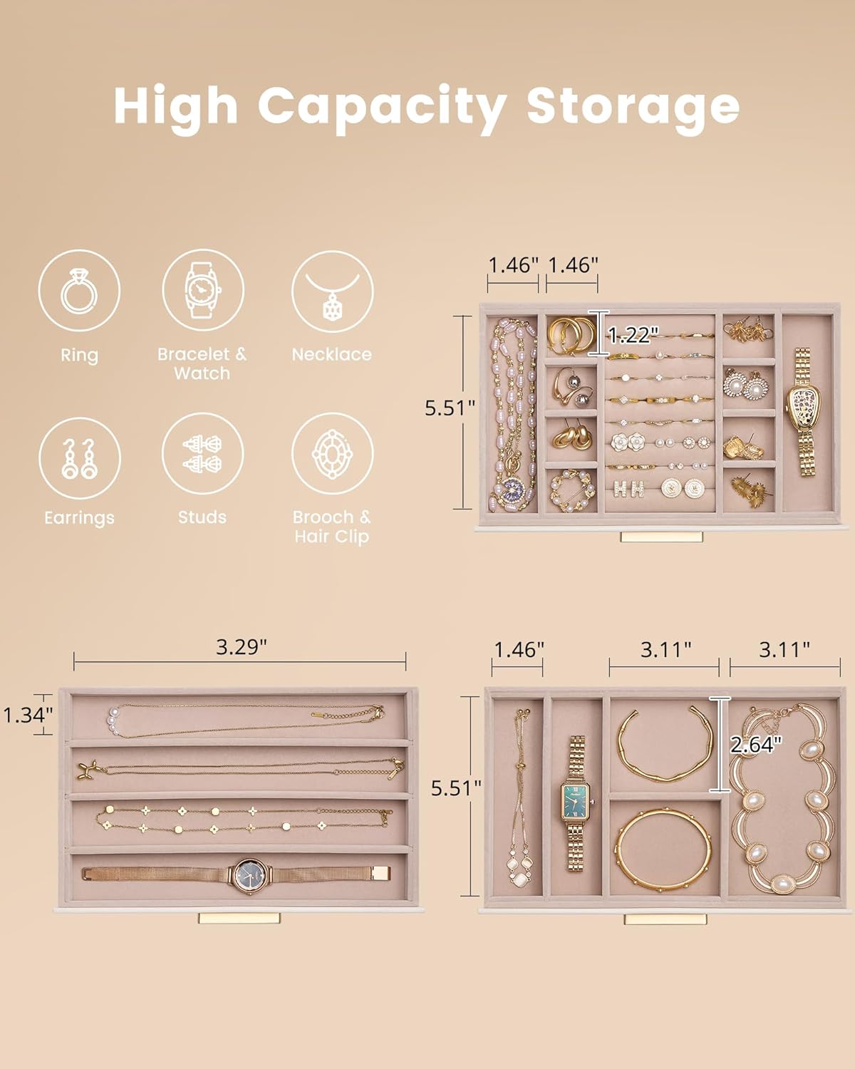 Lolalet Jewelry Box Organizer, 3-Layer Jewelry Storage Case -Beige