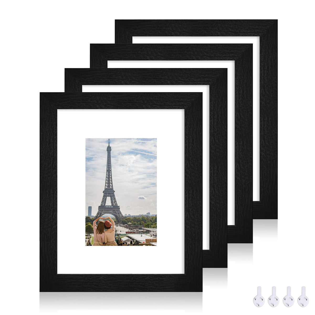 Hongkee 5x7 Picture Frame Set of 4, Real Glass and Wooden Frame, 4x6 Mat