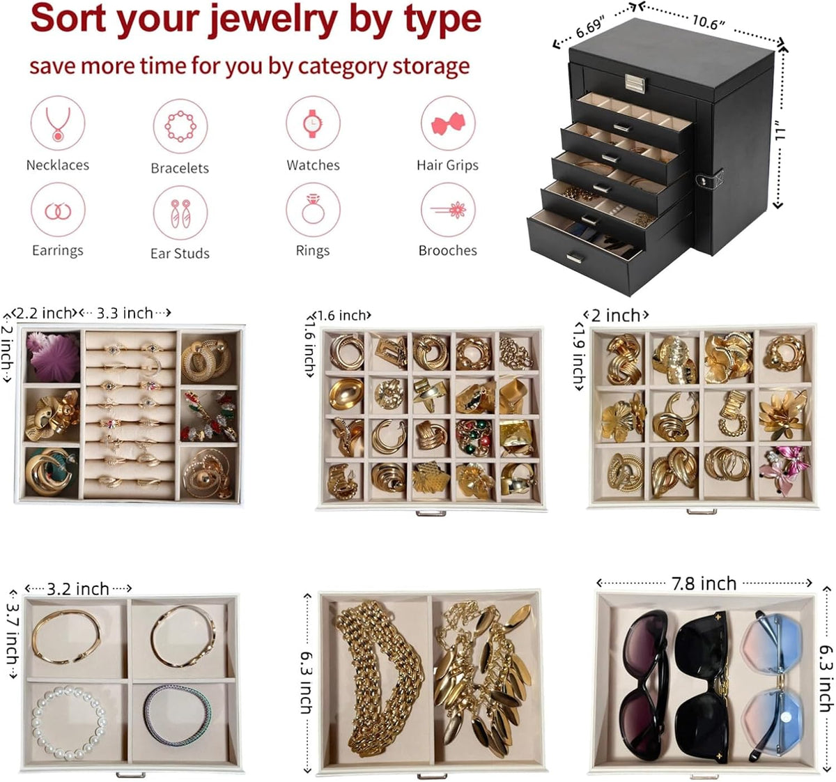 BOOVO Large Jewelry Box for Women 6 Layer