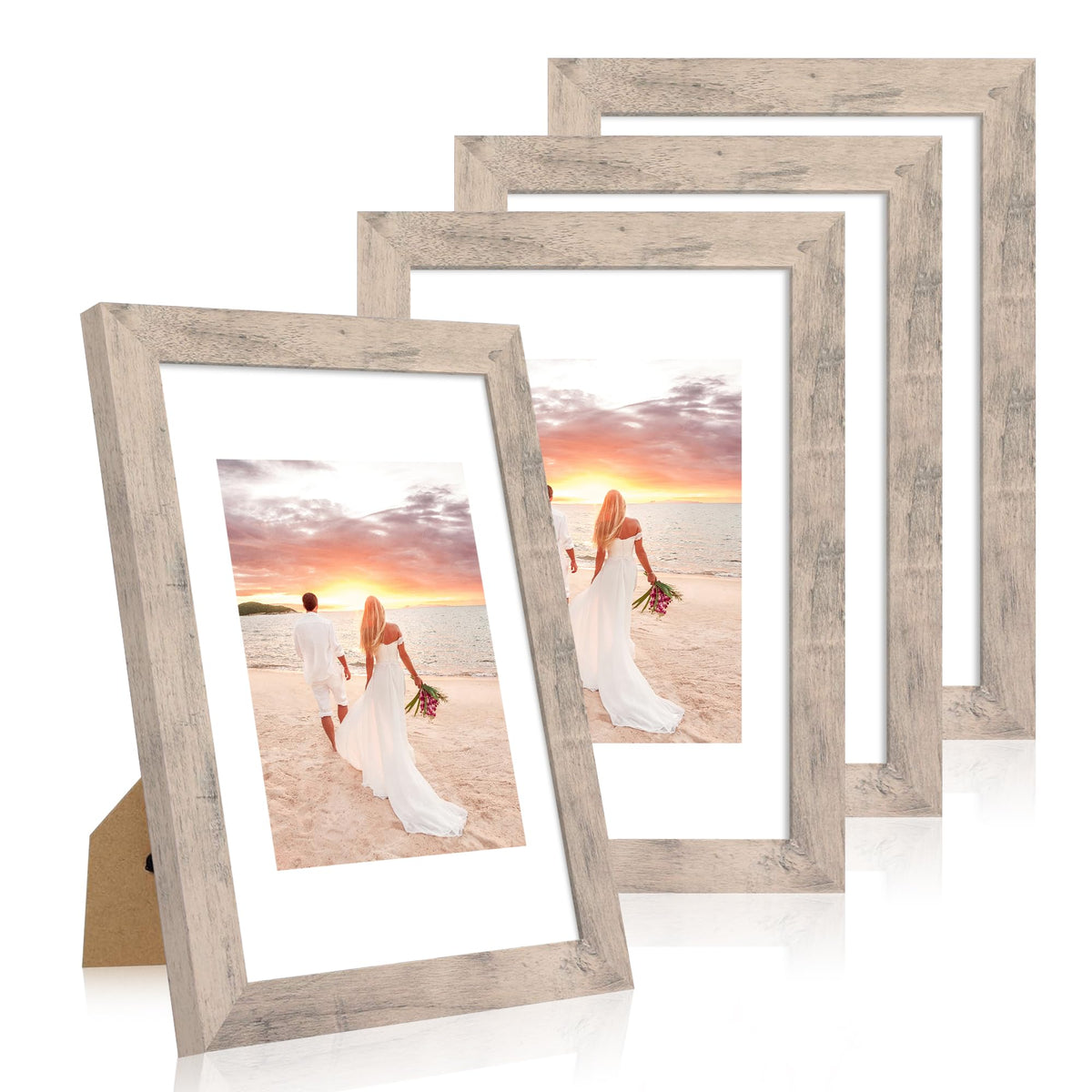 iRahmen 5x7 Picture Frame Set of 4, High Definition Real Glass Rustic Brown Frame, 5 x 7 Wood Photo Frames for Tabletop Display and Wall Mounting