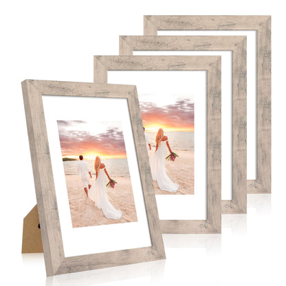 iRahmen 5x7 Picture Frame Set of 4, High Definition Real Glass Rustic Brown Frame, 5 x 7 Wood Photo Frames for Tabletop Display and Wall Mounting