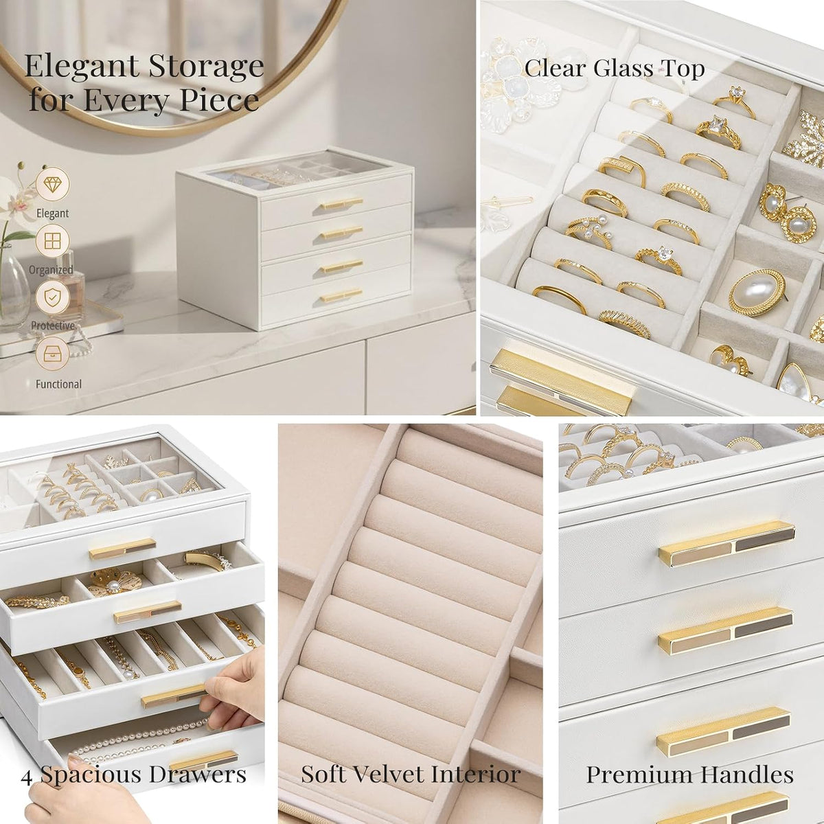 Vlando 4-Drawer Jewelry Box Organizer with Glass Lid, White