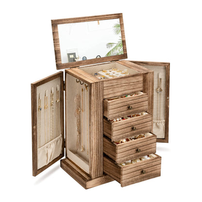 Emfogo Jewelry Box for Women, 5 Layer Large Wood Jewelry Boxes & Organizers for Necklaces Earrings Rings Bracelets, Rustic Jewelry Organizer Box with Drawers and Mirror(Weathered Gray)