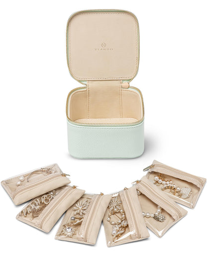 VLANDO Jewelry Boxes for Women with 12 Clear Velvet Zipper Pouches,Green