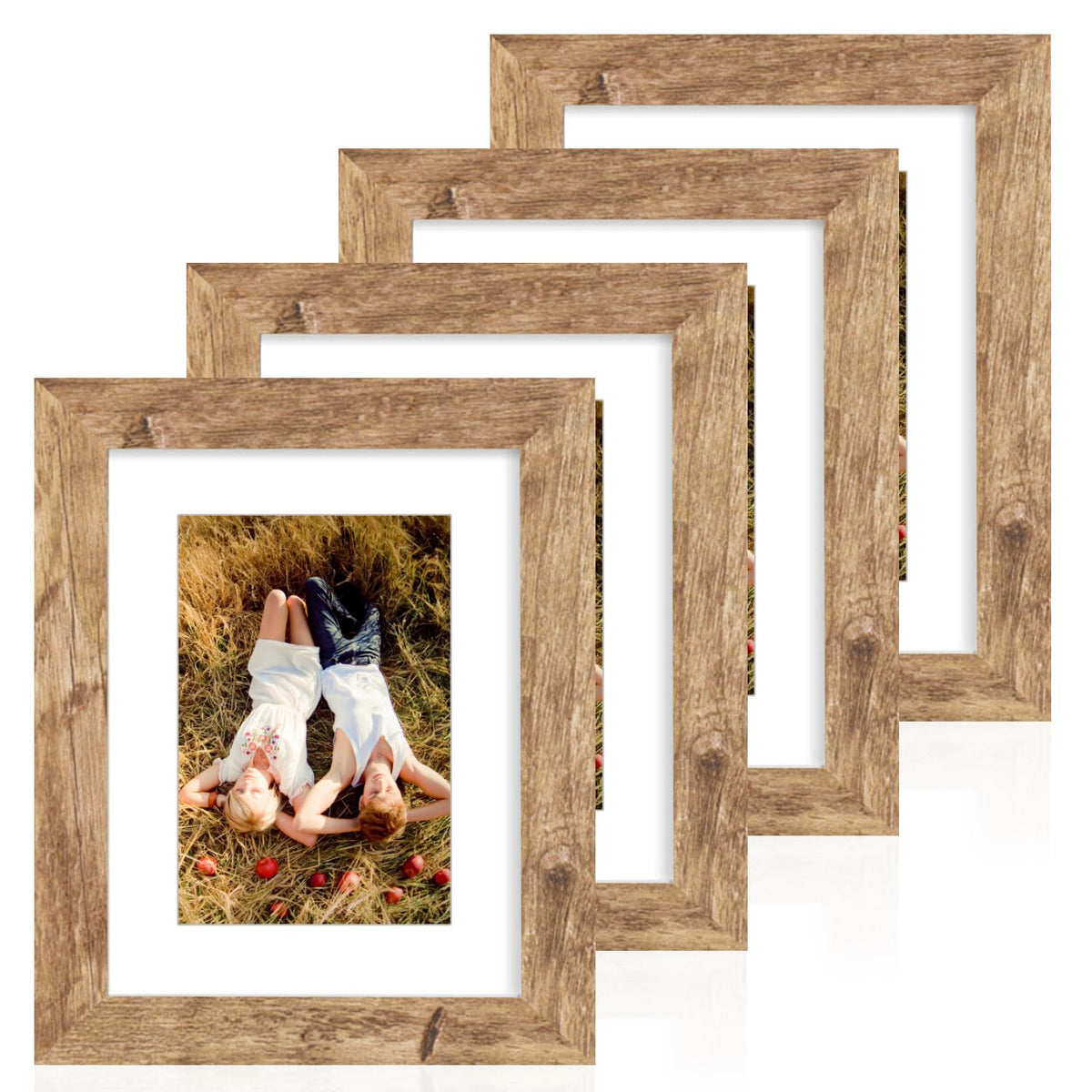 iRahmen 5x7 Picture Frame Set of 4, High Definition Real Glass Rustic Brown Frame, 5 x 7 Wood Photo Frames for Tabletop Display and Wall Mounting
