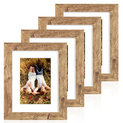 iRahmen 5x7 Picture Frame Set of 4, High Definition Real Glass Rustic Brown Frame, 5 x 7 Wood Photo Frames for Tabletop Display and Wall Mounting