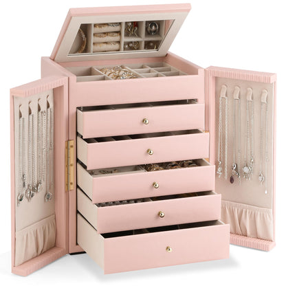 Dajasan Large Jewelry Organizer Box, Jewelry Boxes for Women Girls, 6-Tier Jewelry Storage Organizer with Mirror for Necklace Ring Bracelet Watch, Gift Idea (Beige)
