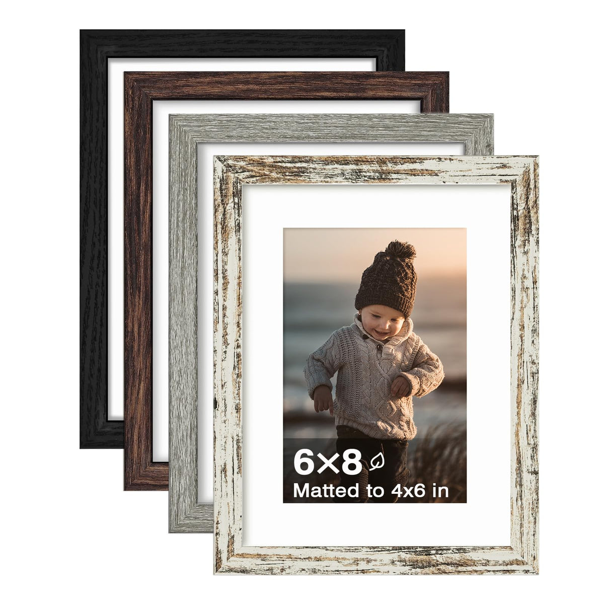 KINLINK 5x7 Picture Frame White Set of 4, Wooden Photo Frames Matted 4x6 with Plexiglass for 4x6 with Mat or 5x7 without Mat for Table and Wall Display