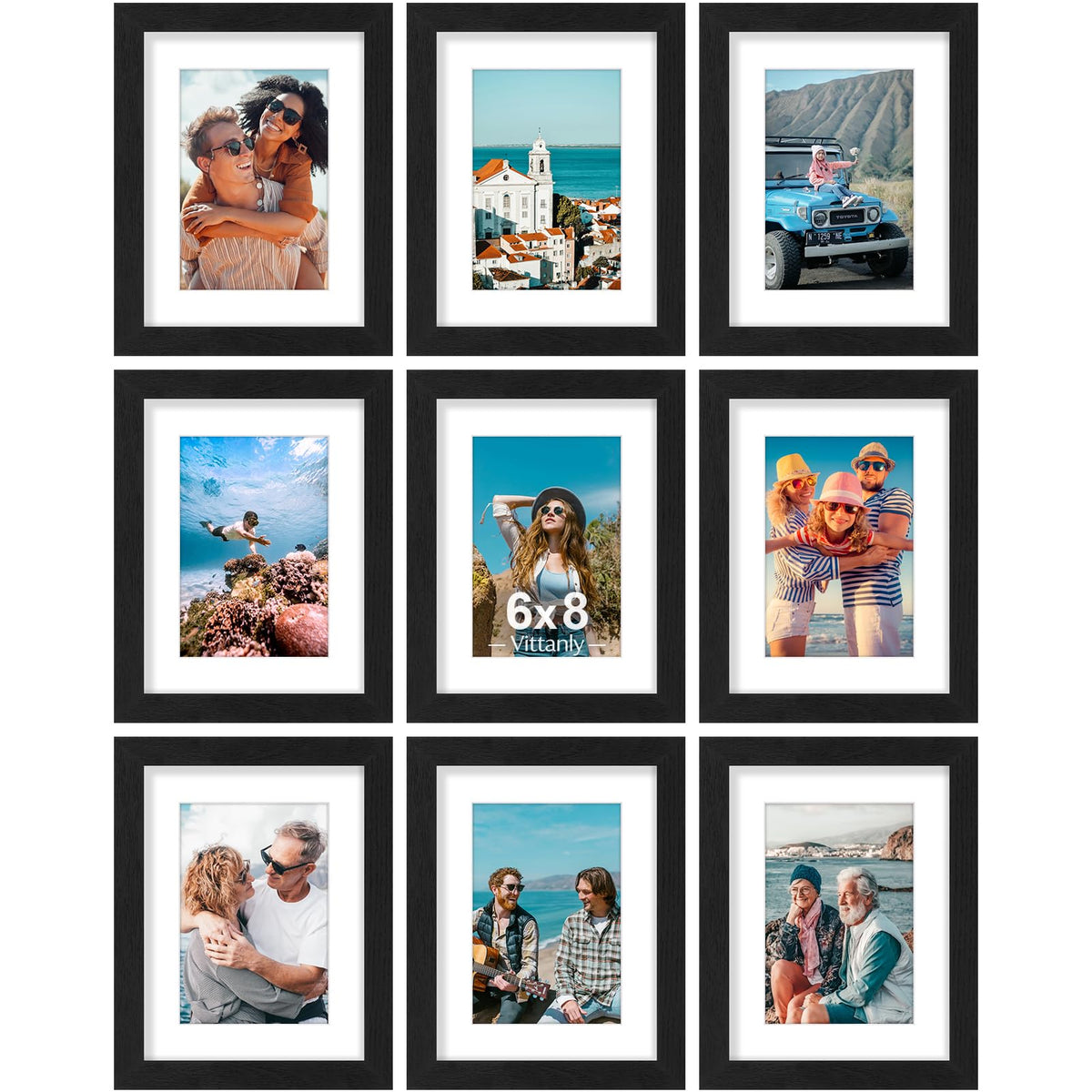Vittanly 8x10 Picture Frames Set of 9 for Wall or Tabletop Display, Black