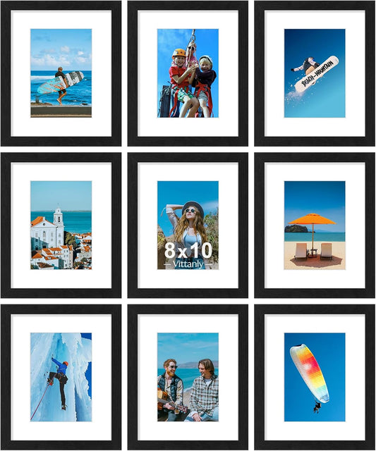 Vittanly 8x10 Picture Frames Set of 9 for Wall or Tabletop Display, Black
