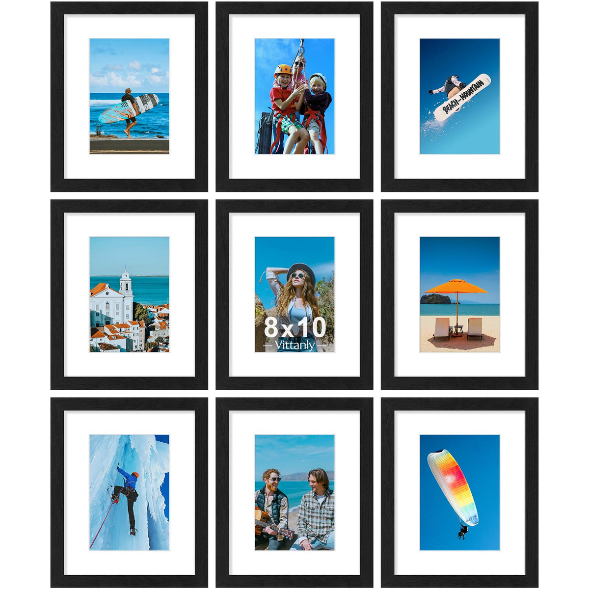 Vittanly 8x10 Picture Frames Set of 9 for Wall or Tabletop Display, Black