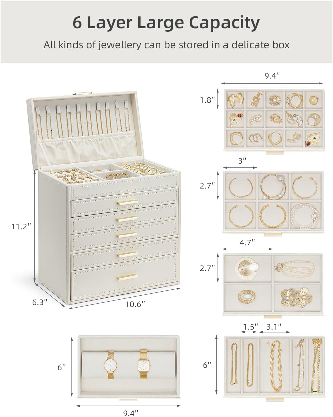 VLANDO Large Jewelry Box, 6 Layer Storage Organizer, Removable Dividers
