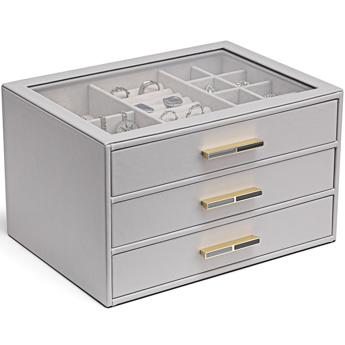 VLANDO Jewelry Box Organizer, 3-Layer Storage Drawers, Glass Window, Modern