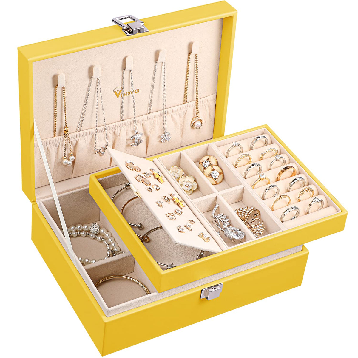 Voova 2 Layer Jewelry Box Organizer with Removable Tray, Vintage Gift, Apricot