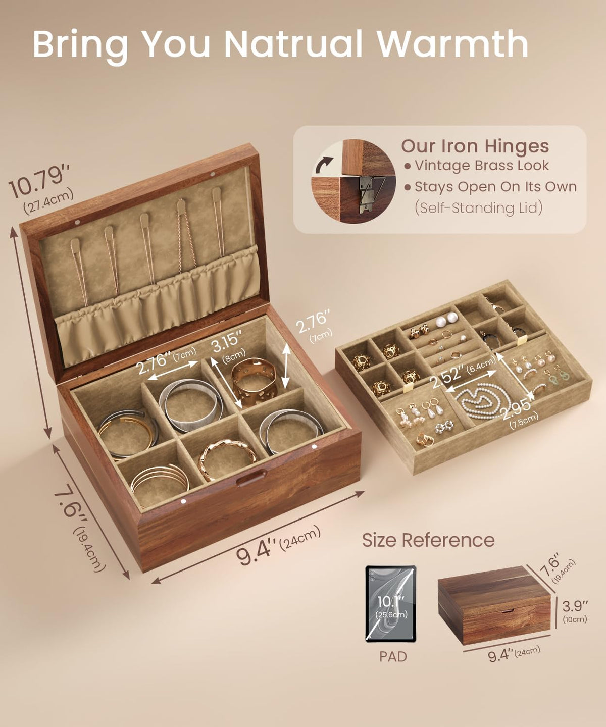 Acacia Wood Jewelry Box with Hinged Lid and Removable Velvet Tray