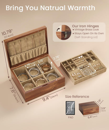 Acacia Wood Jewelry Box with Hinged Lid and Removable Velvet Tray